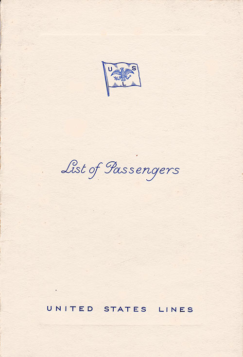 Front Cover of a Cabin Class Passenger List from the SS Manhattan of the United States Lines, Departing 24 October 1934 from Hamburg to New York via Southampton and Le Havre and Queenstown (Cobh)