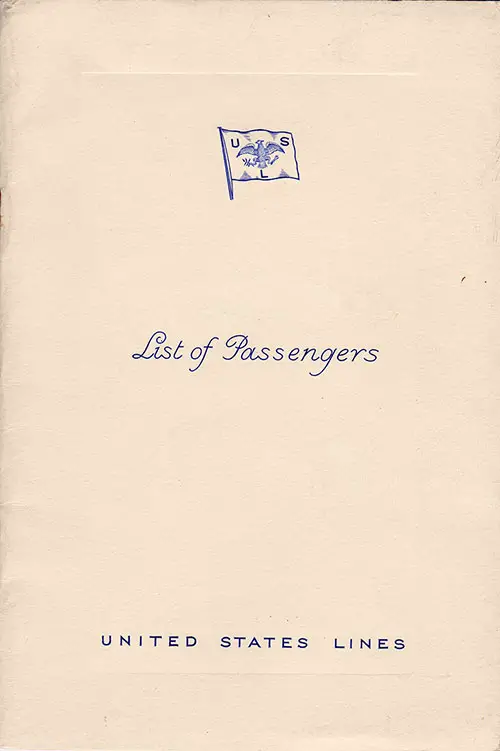 Front Cover of a Cabin Class Passenger List from the SS Manhattan of the United States Lines, Departing 29 July 1936 from Hamburg to New York via Le Havre, Southampton, and Cobh