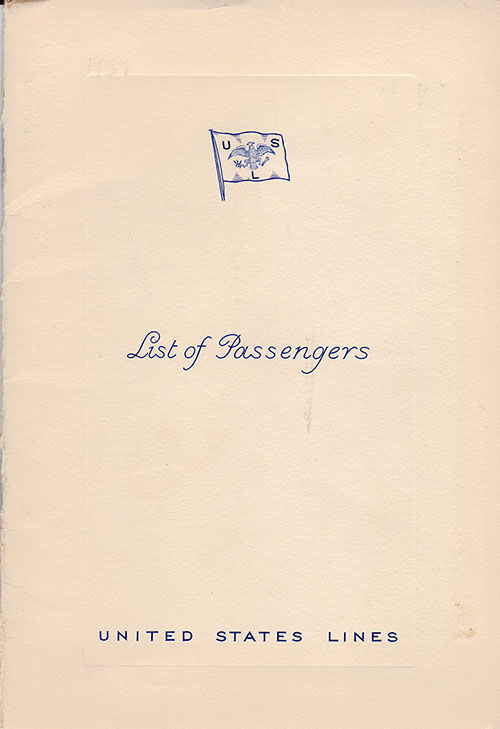 Front Cover of a Cabin Class Passenger List from the SS President Harding of the United States Lines, Departing 1 September 1937 from Hamburg to New York via Le Havre, Southampton, and Queenstown (Cobh)