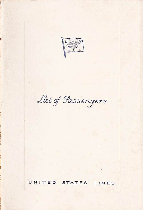 Front Cover of a Cabin Class Passenger List from the SS President Harding of the United States Lines, Departing 14 September 1938 from Hamburg to New York via Le Havre, Southampton, and Cobh
