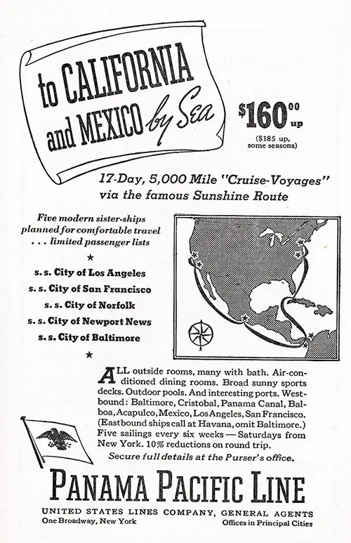 Panama Pacific Line, a United States Lines Company, Advertisement for a 17-Day, 5,000 Mile "Cruse-Voyages" via the Famous Sunshine Route to California and Mexico by Sea