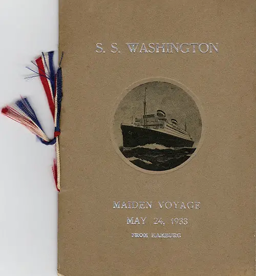 Front Cover of a Tourist Class Passenger List from the SS Washington of the United States Lines, Departing 24 May 1933 on her Maiden Voyage from Hamburg to New York via Le Havre, Southampton and Queenstown (Cobh)