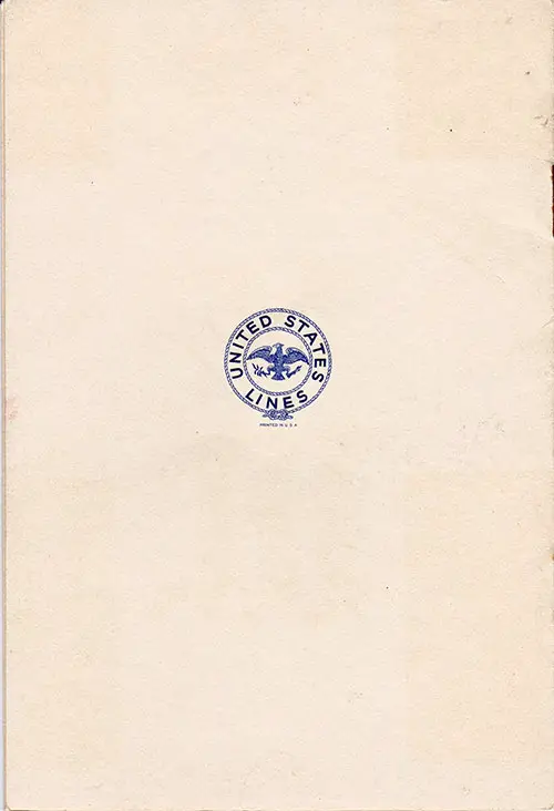 Back Cover, United States Lines SS Washington Tourist Class Passenger List - 29 December 1933.