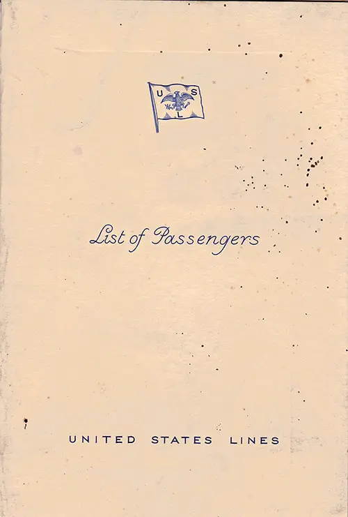 Front Cover of a Cabin Class Passenger List from the SS Washington of the United States Lines, Departing 7 November 1934 from Hamburg to New York via Le Havre, Southampton, and Queenstown (Cobh)