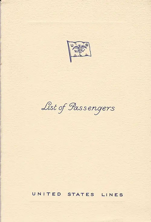 Front Cover of a Tourist Class Passenger List from the SS Washington of the United States Lines, Departing 9 September 1936 from Hamburg to New York via Le Havre, Southampton, and Queenstown (Cobh)