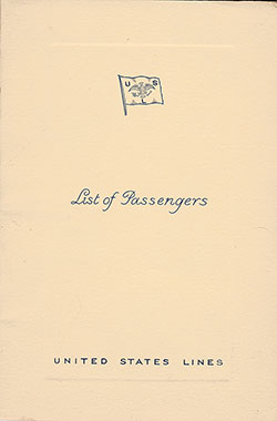 Front Cover of a Tourist Class Passenger List from the SS Washington of the United States Lines, Departing 20 April 1938 from Hamburg to New York via Le Havre, Southampton, and Cobh