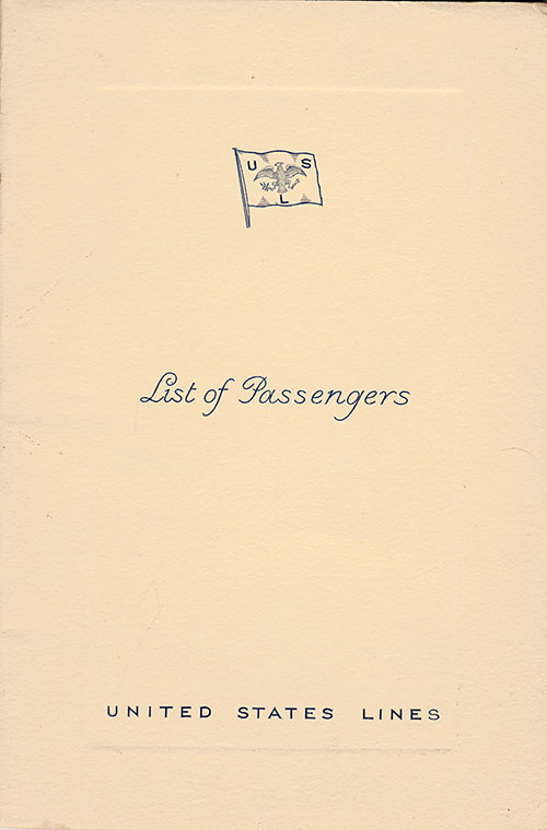 Front Cover of a Tourist Class Passenger List from the SS Washington of the United States Lines, Departing 20 April 1938 from Hamburg to New York via Le Havre, Southampton, and Cobh