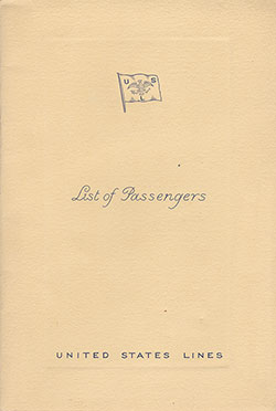 Front Cover of a Tourist Class Passenger List from the SS Washington of the United States Lines, Departing 30 September 1938 from Le Havre to New York via Southampton and Cobh