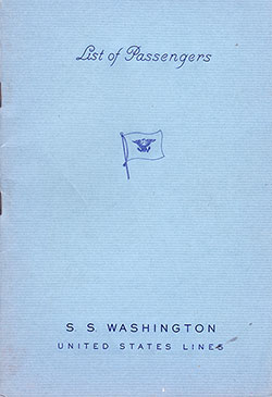 Front Cover of a Cabin Class Passenger List from the SS Washington of the United States Lines, Departing 10 January 1951 from New York to Hamburg via Cobh, Southampton, Le Havre and Bremerhaven