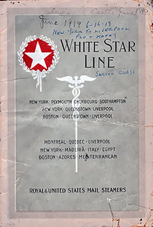 Front Cover, White Star Line SS Adriatic Cabin Class Passenger List - 16 June 1919.