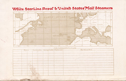 Track Chart and Memorandum of Log (Unused). RMS Adriatic Passenger List, 14 November 1919.