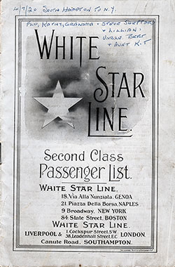 Front Cover, White Star Line RMS Adriatic Second Class Passenger List - 7 April 1920.