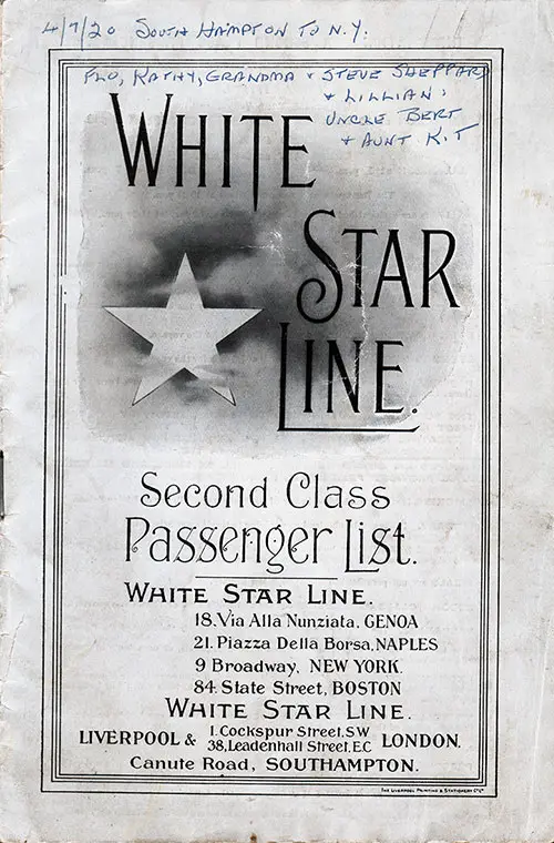 Front Cover, White Star Line RMS Adriatic Second Class Passenger List - 7 April 1920.