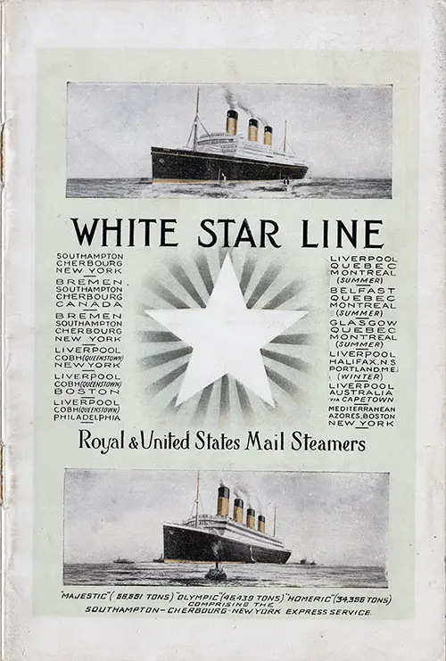 Front Cover, Second Class Passenger List for the RMS Adriatic of the White Star Line, Departing Saturday, 18 August 1923 from Liverpool to New York.