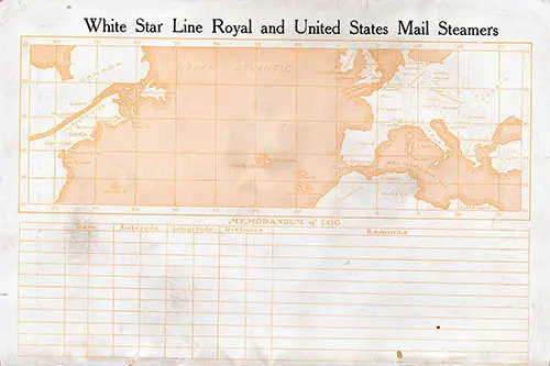 Track Chart and Memorandum of Log (Unused). RMS Adriatic Passenger List, 18 August 1923.