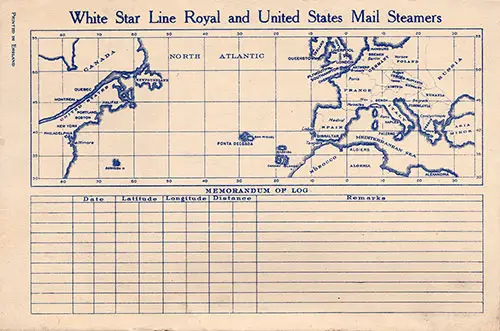 Track Chart and Memorandum of Log (Unused). Tourist Third Cabin Passenger List from the SS Adriatic, 8 February 1929.