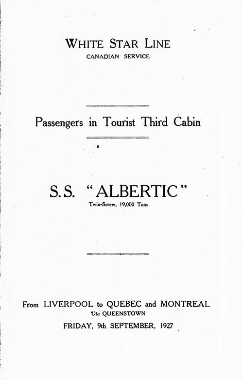 Title Page, SS Albertic Tourist Third Cabin Passenger List, 9 September 1927.