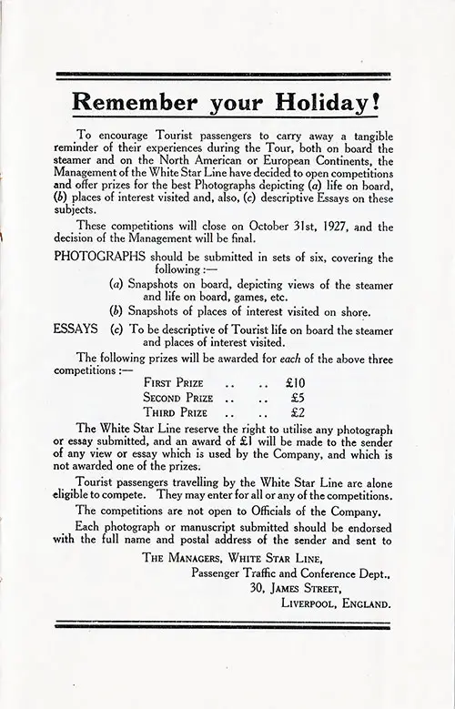 Remember Your Holiday! Competition, RMS Albertic Passenger List, 9 September 1927.