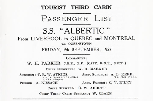 List of Senior Officers, SS Albertic Tourist Third Cabin Passenger List, 9 September 1927.