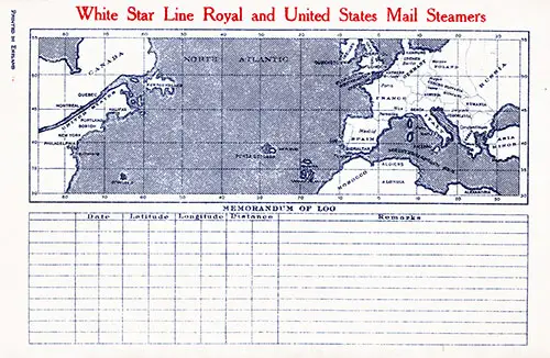 Track Chart and Memorandum of Log (Unused), SS Albertic Passenger List, 9 September 1927.