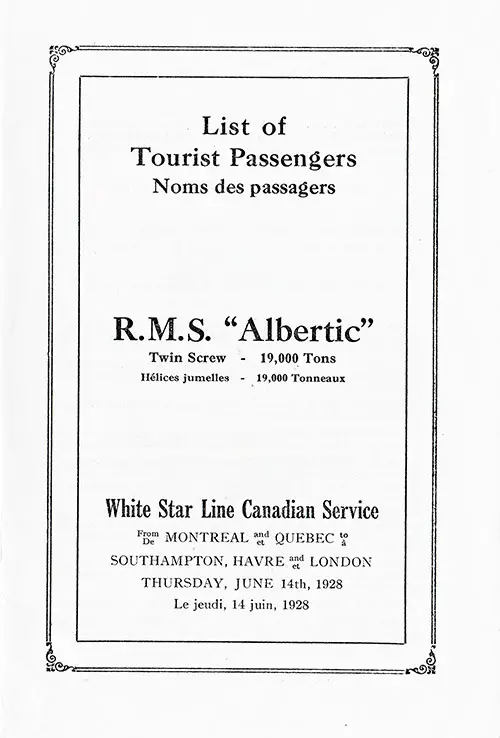 Title Page, RMS Albertic Tourist Third Cabin Passenger List, 14 June 1928.