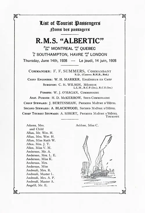 Listing of Senior Officers, RMS Albertic Tourist Passenger List, 13 June 1928.