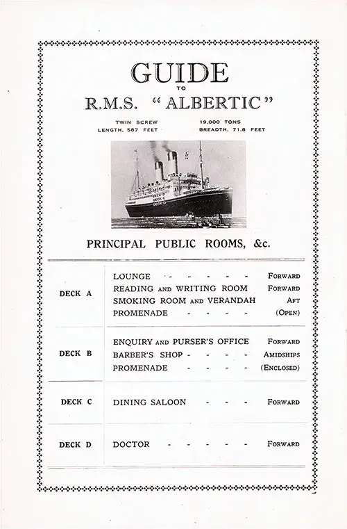 Guide to the RMS Albertic Pubic Rooms in the Cabin Class, 1929.