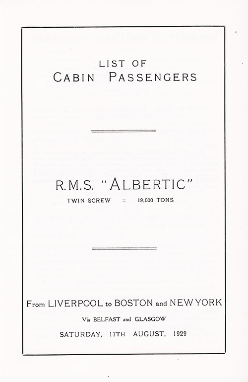 Title Page, RMS Albertic Cabin Passenger List, 17 August 1929.