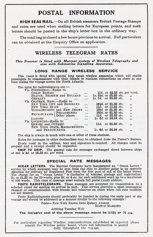 Postal Information: High Seas Mail, Wireless Telegram Rates, Long-Range Wireless Service, Ocean Letters, and Poste Radiotelegrams.