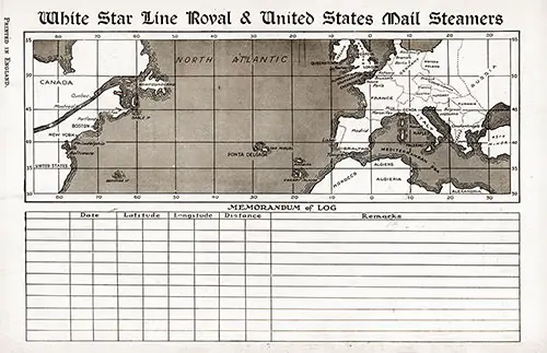 Track Chart and Memorandum of Log (Unused), RMS Albertic Passenger List, 17 August 1929.