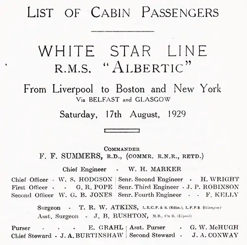 Listing of Senior Officers, RMS Albertic Cabin Passenger List, 17 August 1929.