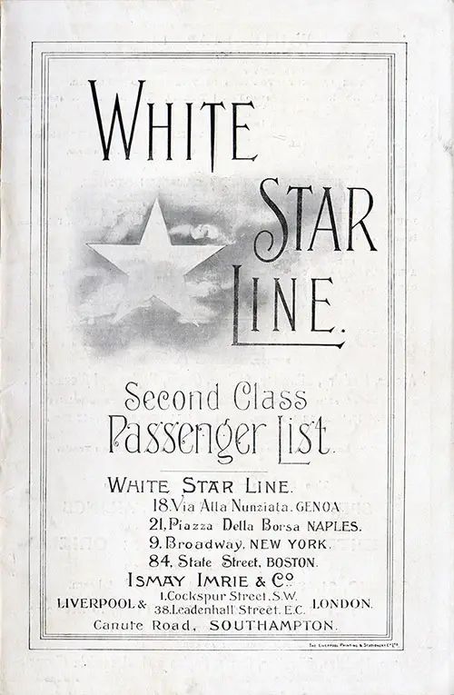 Front Cover, White Star Line RMS Arabic Second Class Passenger List - 11 June 1909.