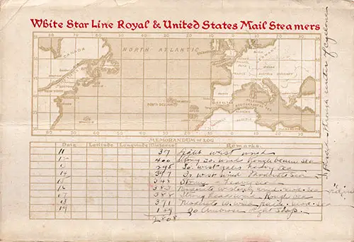 Route Map and Memorandum of Log from the Back Cover of an RMS Baltic First Class Passenger List, 10 September 1921.