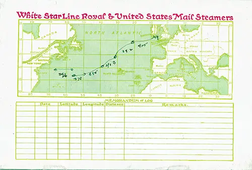 Track Chart and Memorandum of Log (Unused). RMS Baltic Second Class Passenger List, 1 April 1922.