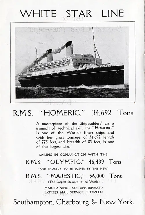 The RMS Homeric, 34,692 Tons, A masterpiece of the Shipbuilders' art.