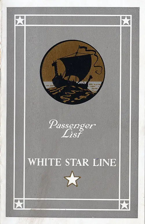 Front Cover, White Star Line RMS Baltic Cabin Class Passenger List - 13 July 1929.