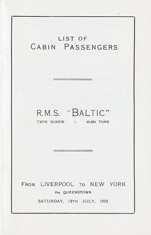 Title Page, RMS Baltic Cabin Passenger List, 13 July 1929.