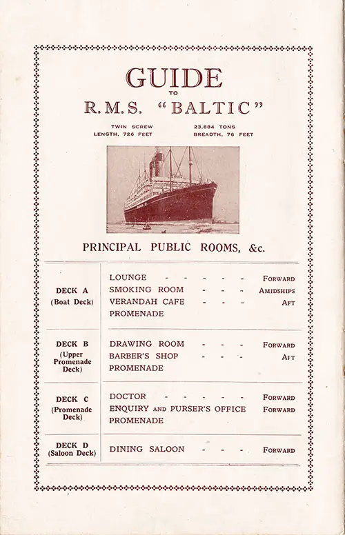 White Star Line SS Baltic Guide to Public Rooms
