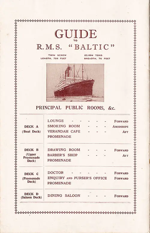 Guide to the RMS Baltic Principal Public Rooms, 1930.
