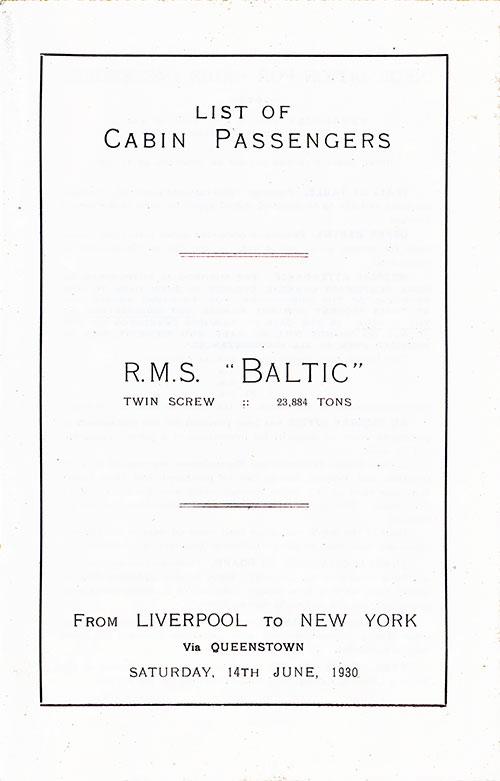 Title Page, RMS Baltic Cabin Passenger List, 14 June 1930.