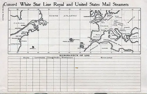 Track Chart and Memorandum of Log (Unused), RMS Britanic Passenger List, 6 October 1934.