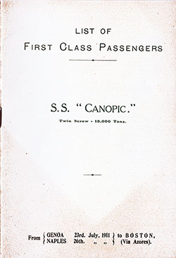 Passenger Manifest, SS Canopic, White Star Line, July 1911, Genoa to Boston 