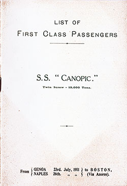 Passenger Manifest, SS Canopic, White Star Line, July 1911, Genoa to Boston