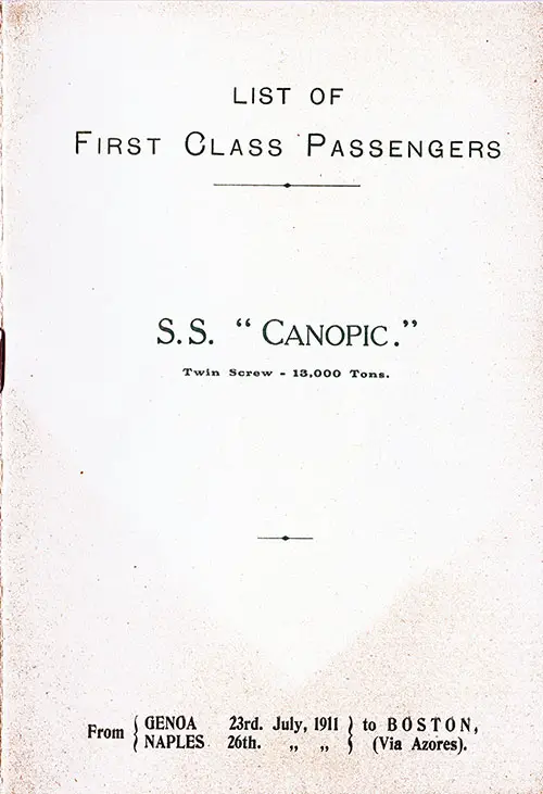 Front Cover, White Star Line SS Canopic First Class Passenger List - 23 July 1911.