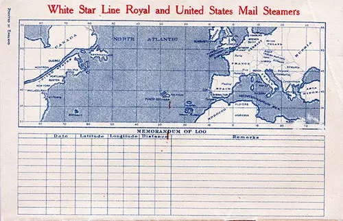 Track Chart and Memorandum of Log (Unused). RMS Cedric Passenger List, 13 August 1927.