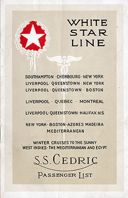 Passenger Manifest, White Star Line RMS Cedric - 1928-03-24