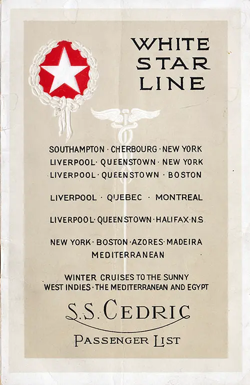 Passenger Manifest, White Star Line RMS Cedric - 1928-03-24