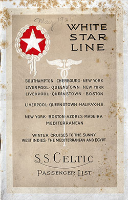 Passenger Manifest, White Star Line RMS Celtic - 1925-05-30