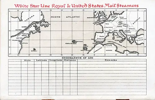 Track Chart and Memorandum of Log (Unused), RMS Celtic Passenger List, 24 April 1926.