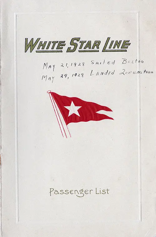 Front Cover, White Star Line SS Celtic Tourist Third Cabin Passenger List - 19 May 1928.